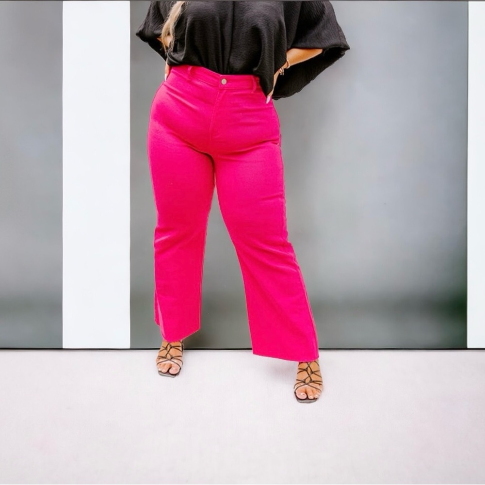 New Plus Size Rose Color Raw Hem Wide Leg High Waist Pants size xl stretchy